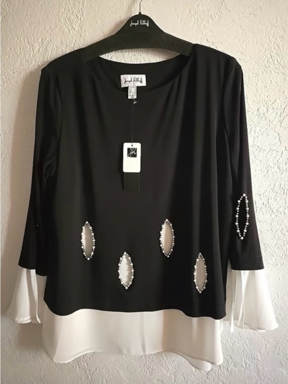 Joseph Ribkoff Black Tunic with White Layered Hem and Beaded Teardrop Accents